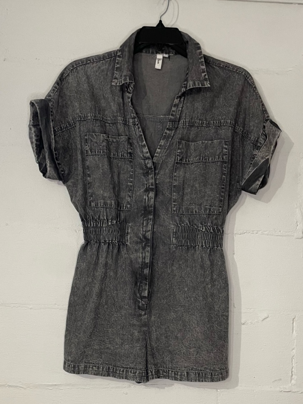 Elan Washed Gray Button-Front Short Sleeve Romper
